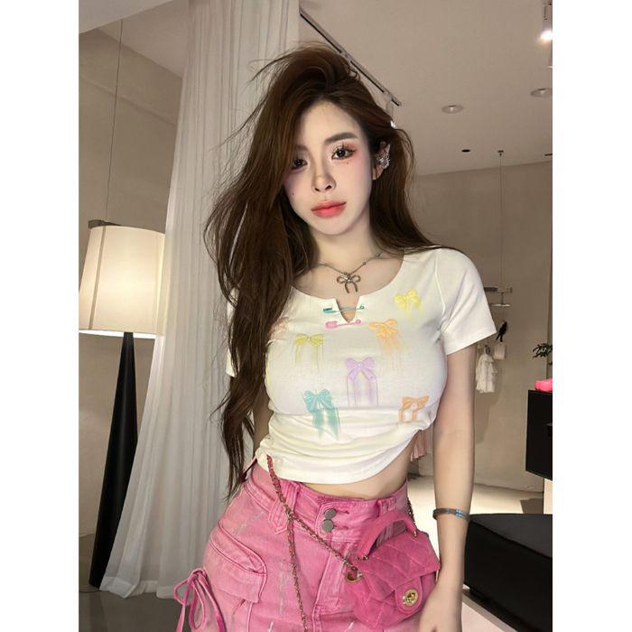 

American Bow Puff Print Slim Fit T-shirt - Women s Summer Sweet & Spicy Short Sleeve Top L белый