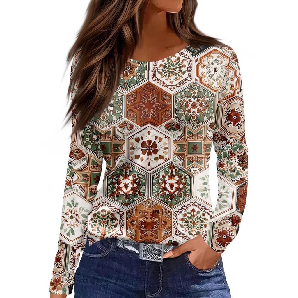 Women's Fashion Hem Slit Casual Retro Floral Print Round Neck Long Sleeve Top