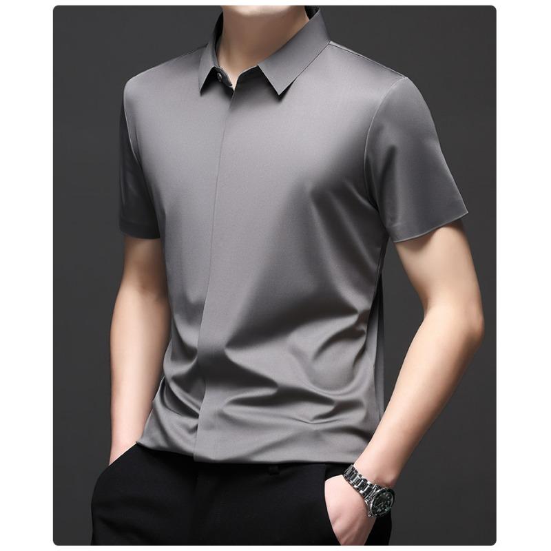 Summer Men Silk Blend Short Sleeve Shirt Solid Color Business
