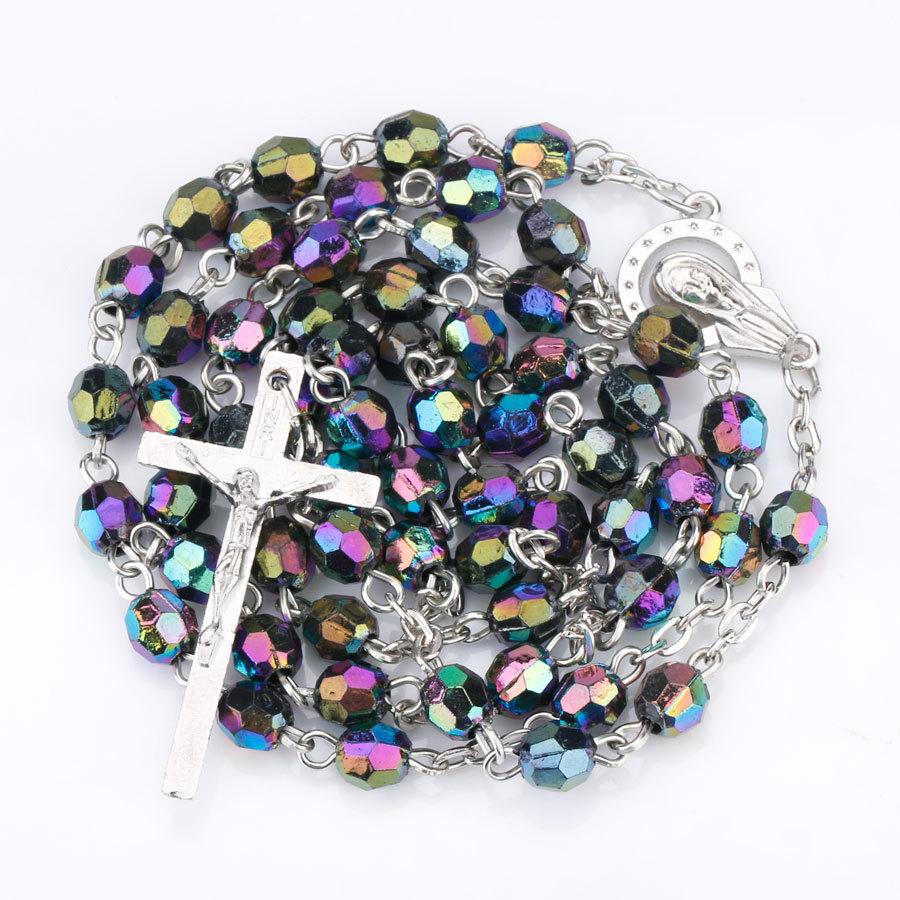 Rosary Necklace Jesus Christ Cross Statement Pendants Necklaces Acrylic Beads Long Chain Colar Religious Party Christian Zircon