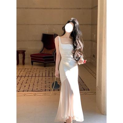 Robe de soirée longue blanche en satin pour femme - Style français d'été, col en U, bretelles fines