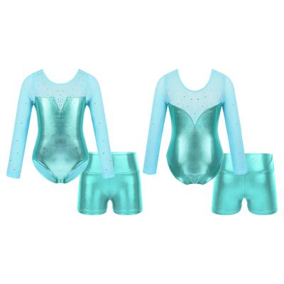 Leotardo de decoración de diamantes de imitación brillantes con cuello redondo de manga larga para niñas con pantalones cortos para entrenamiento gimnástico de danza