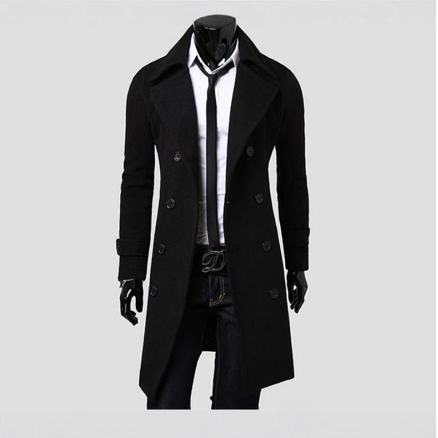 Men Simple Trench Coat Double-breasted Male Coat Coldproof Pure Color Jacket