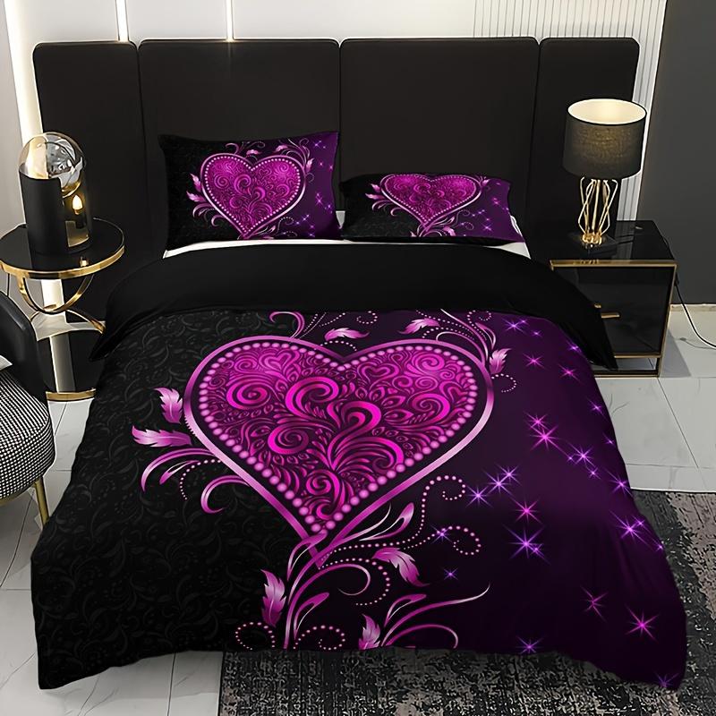 3pcs Purple Heart Rose Floral Print Duvet Cover Set - 1 Duvet Cover 2 Pillowcases Breathable Polyester Perfect for All Seasons
