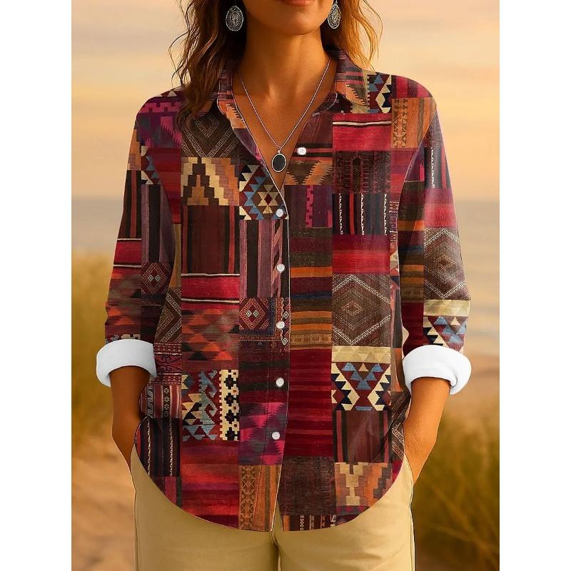 Women s Shirt Graphic Geometric Striped Retro Tropical Long Sleeve Shirts Casual Loose Tops Buttons Print Spring Autumn Blouses S
