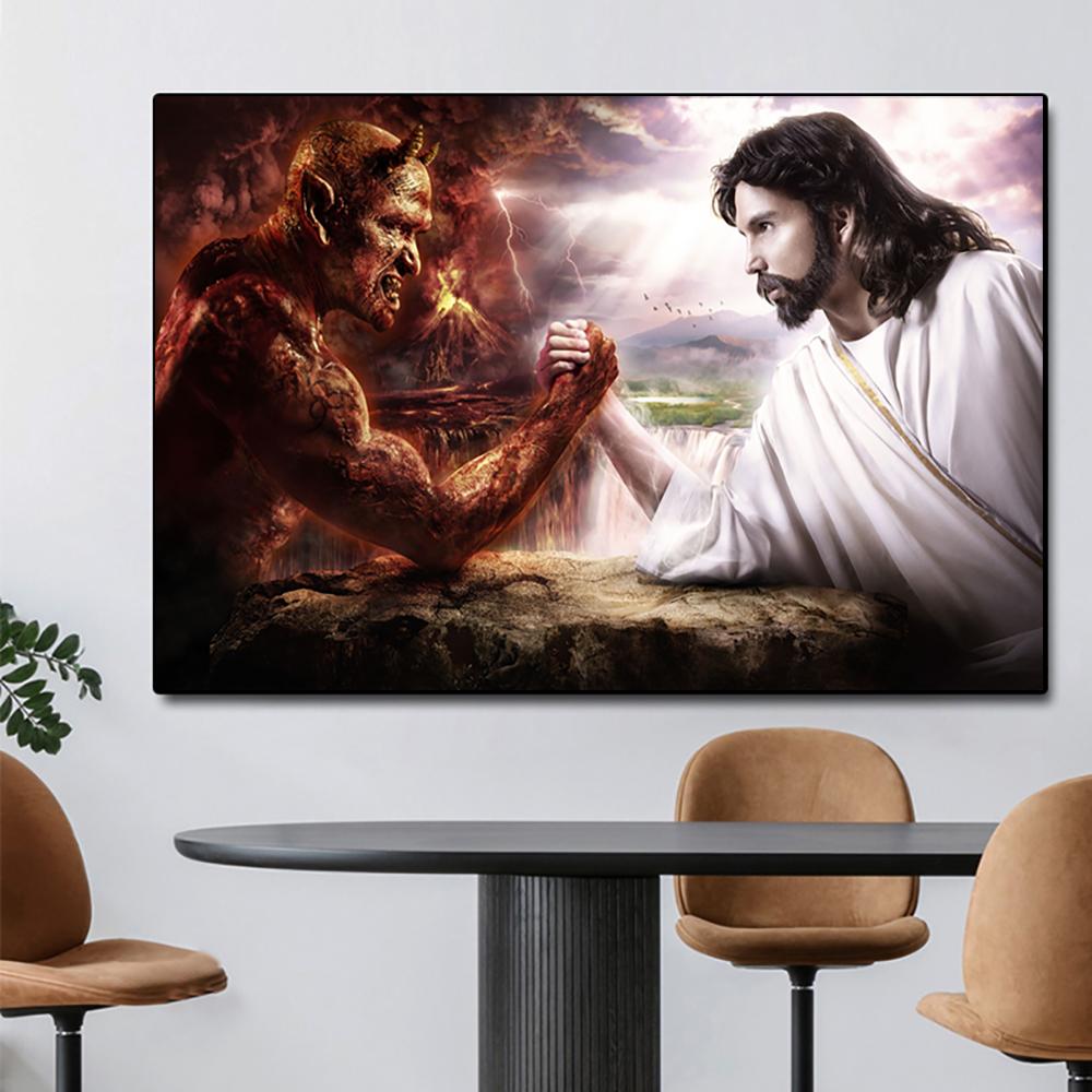 Gott Jesus gegen Satan Teufel Kunst Malerei Druck Leinwand Poster Fantasie Religion Bild Christian Wohnzimmer Schlafzimmer Home Wand Dekor