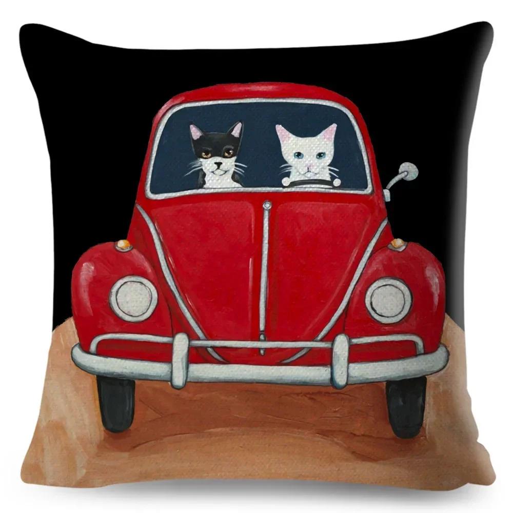 Cartoon Driving Car Cat Cushion Cover Decor Cute Pet Animal Pillowcase Polyester Pillow Case for Sofa Home Children Room
