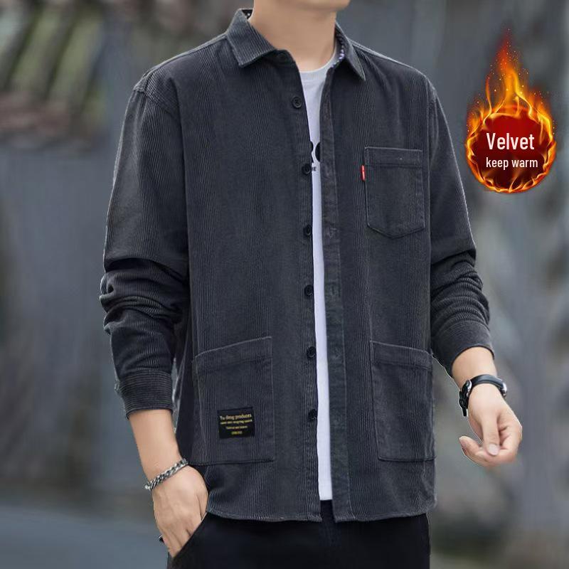 Men's Solid Color Corduroy Jacket - 2025 Autumn/Winter Velvet, Thick & Warm Long Sleeve Shirt