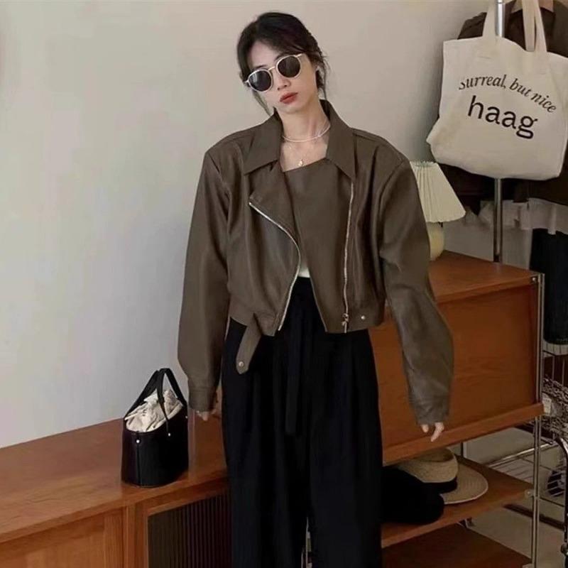 Autumn Winter Street Style Loose Casual Polo-neck PU Leather Zipper Jacket Women Y2K Hipster Cardigan Top Coat