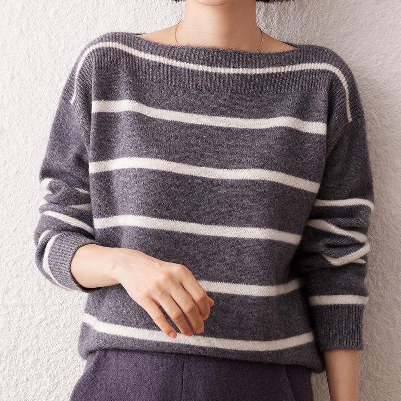 Women's One-Shoulder Striped Cashmere Sweater - Korean Style, Loose Fit Knitwear Top