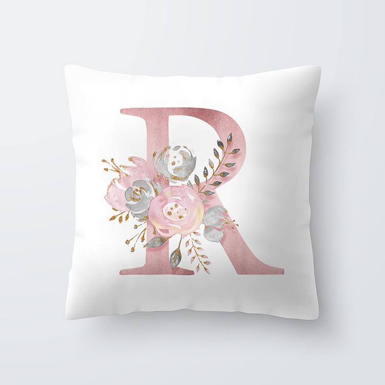 Pink Letter Decorative Floral Pillow Gold Alphabet Cushion for Sofa Polyester Pillowcase Decoration Salon