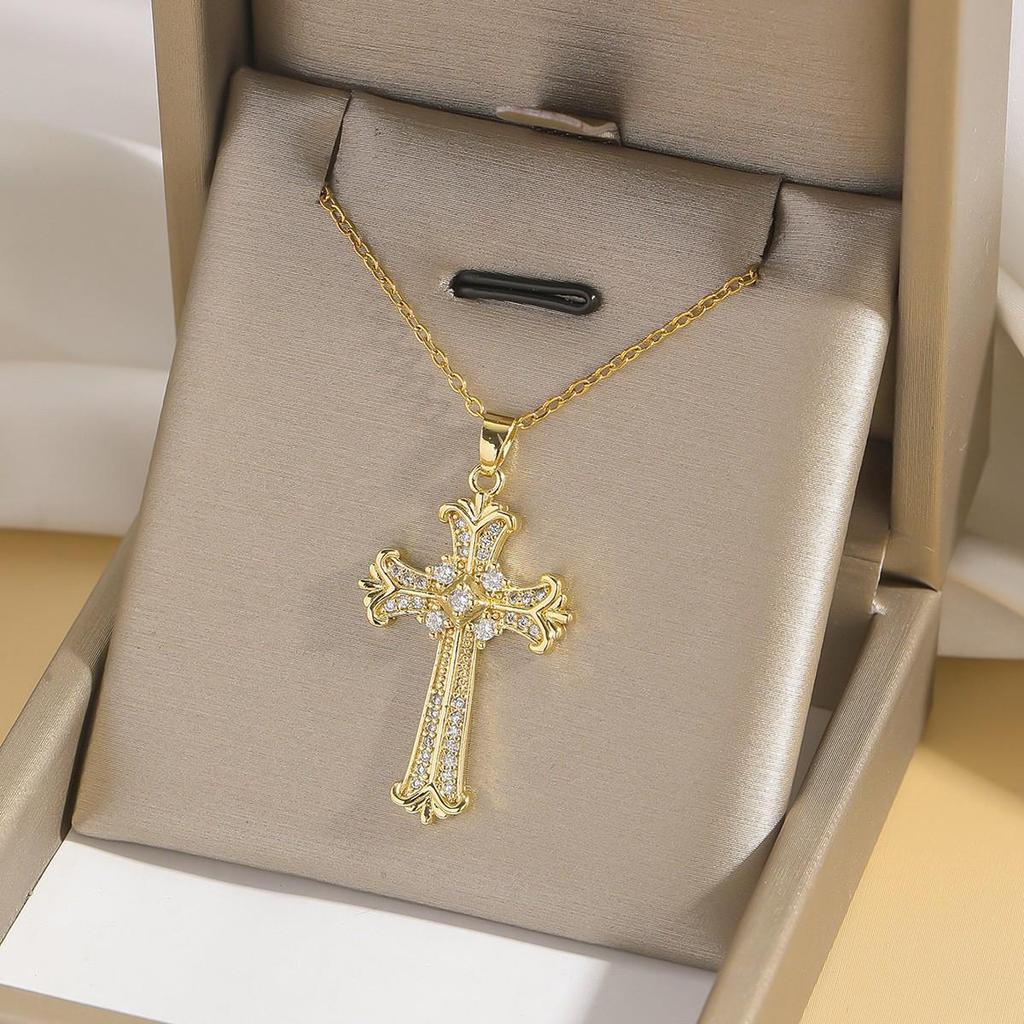 Damen Bunte Zirkon Kreuz Halskette - Nischendesign mit Voll-Diamant-Anhänger an Edelstahlkette