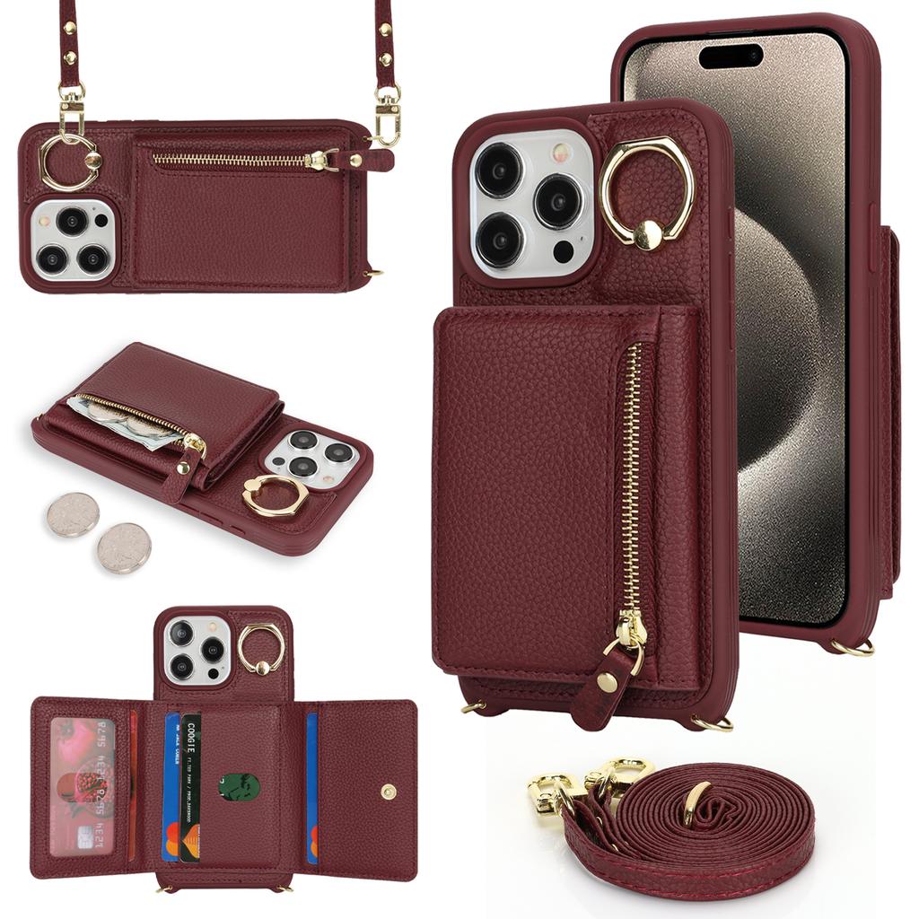 For iPhone 14 Pro Case Card Bag Ring Kickstand PU Leather+TPU Phone Cover with Shoulder Strap