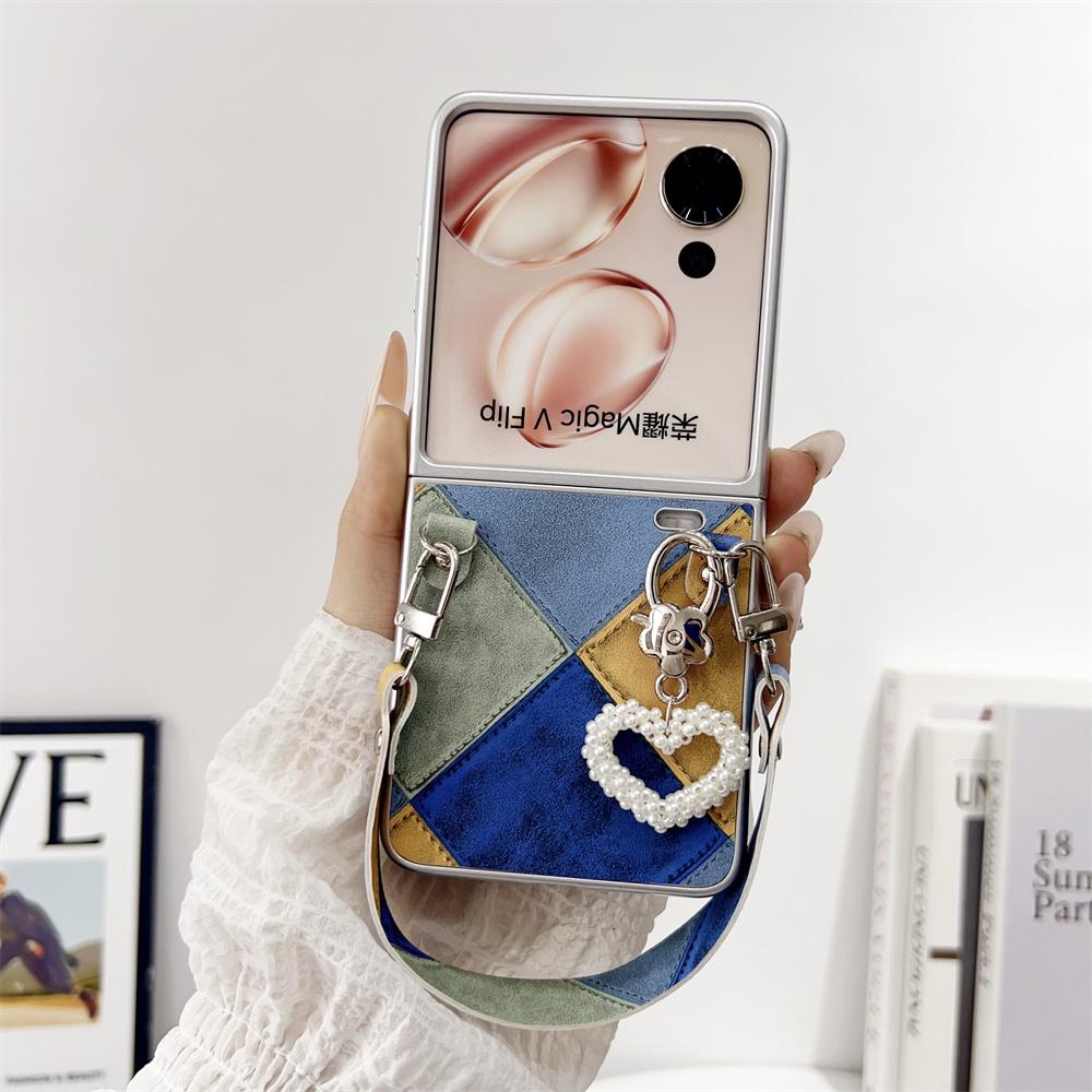 Retro Color Collision Phone Case For Honor Magic V Flip Hand Strap Protective PC Hard Shell Magic V Flip Back Cover