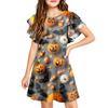 Children's ruffled sleeve dress with round neckline, A-line style, casual Halloween print dress