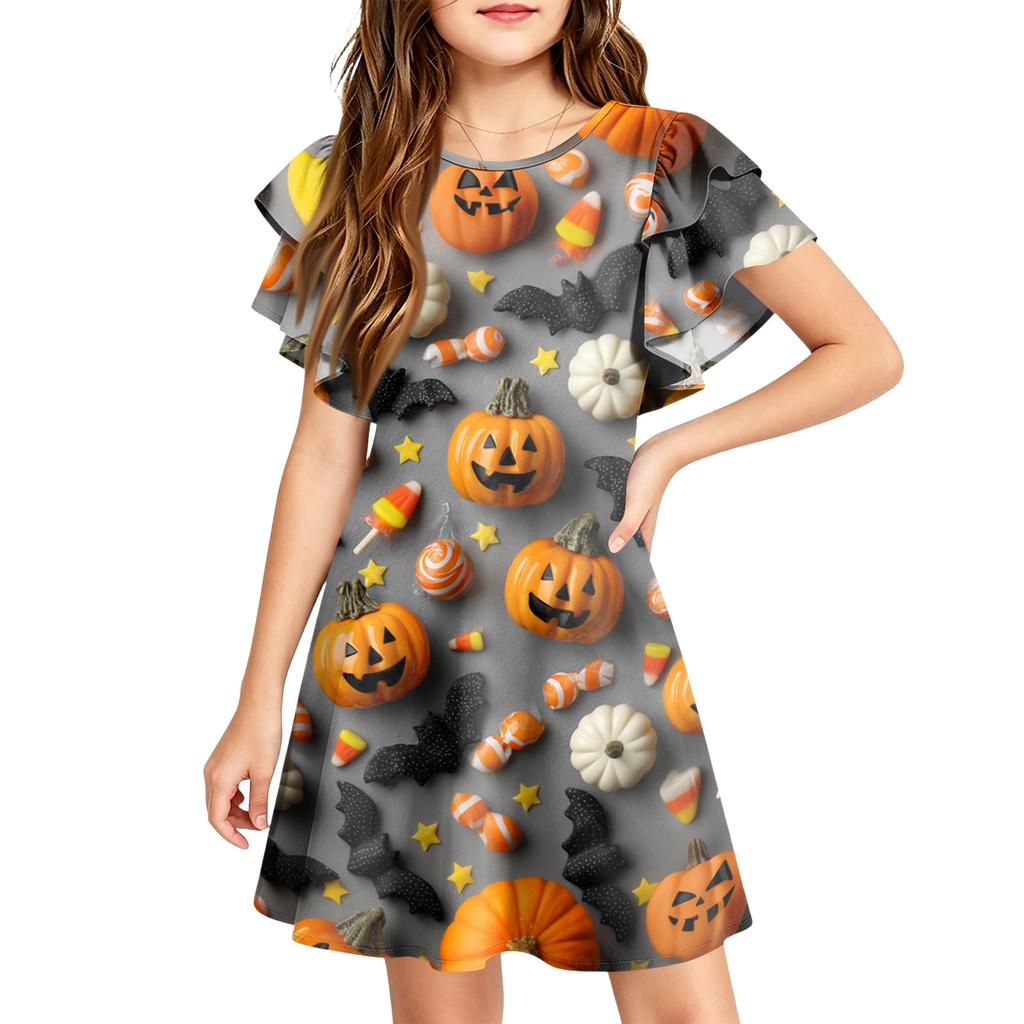 Children's ruffled sleeve dress with round neckline, A-line style, casual Halloween print dress