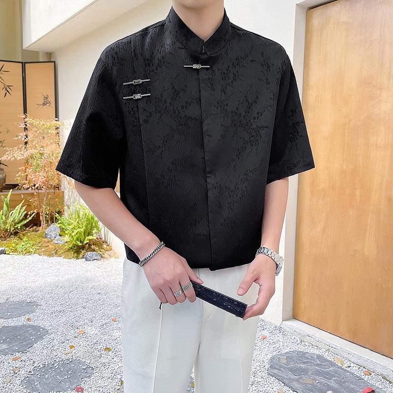 Summer New Chinese Style Jacquard Short Sleeved Shirt Men's New Loose Chinese Style Stand Up Collar Shirt