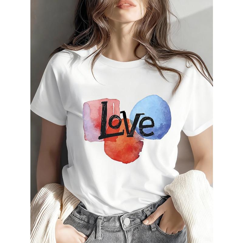 Women's Love Letter Print T-Shirt-Short Sleeve Crew Neck Casual Top with Delicate Letter Print for Spring, Summer and All Year Round.