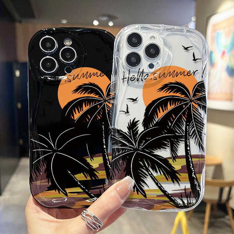 Cream Wave Curved Silicone Glossy Soft Case Sunset Coconut Tree Printed Shell Mobile Phone Back Cover for iPhone Samsung Xiaomi