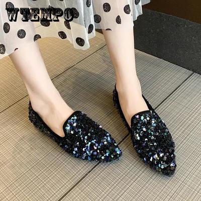 Women's Spring and Summer Pointed Toe Shoes Autumn Low Heel Casual All-match Single Shoes Large Size Soft Bottom Party Sequins Shoes