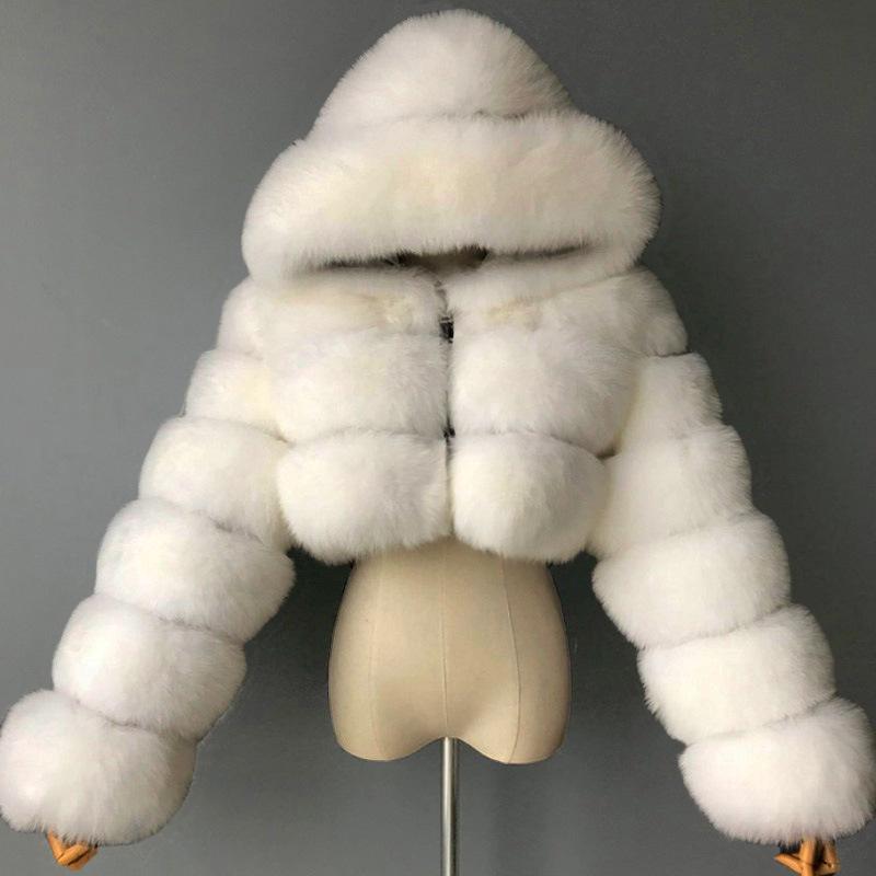 Europäisch-Amerikanischer Kurzer Kapuzenmantel aus Kunstfuchsfell für Herbst/Winter