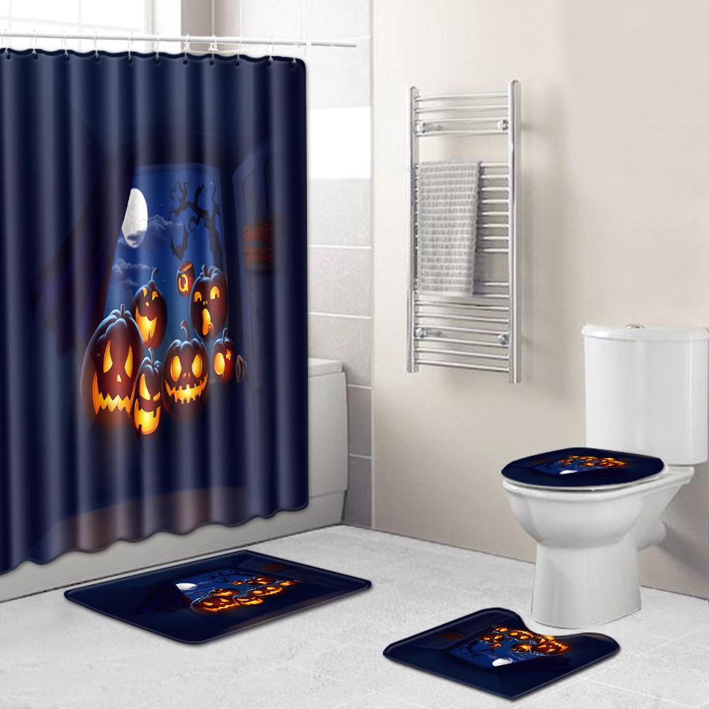 Halloween Shower Curtain Floor Mat Combination Four-Piece Set Bathroom Toilet Carpet Door Mat
