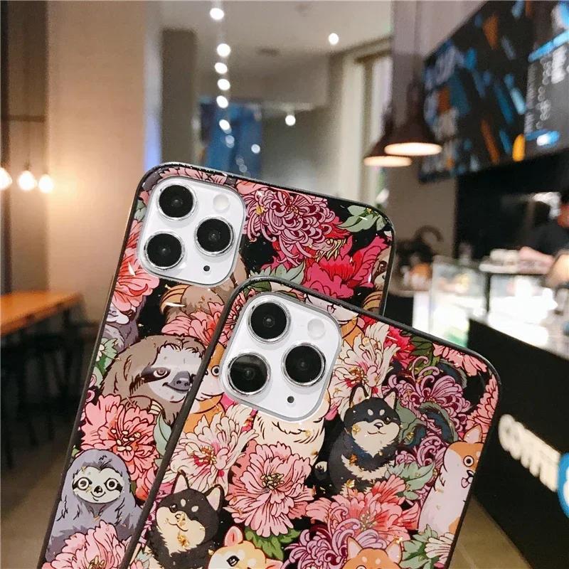 Cute Cartoon Silicone Case For iPhone 16 15 14 13 12 11 Pro Max Plus Flower Shiba Inu Dog Sloth Leopard Glitter Shockproof Cover