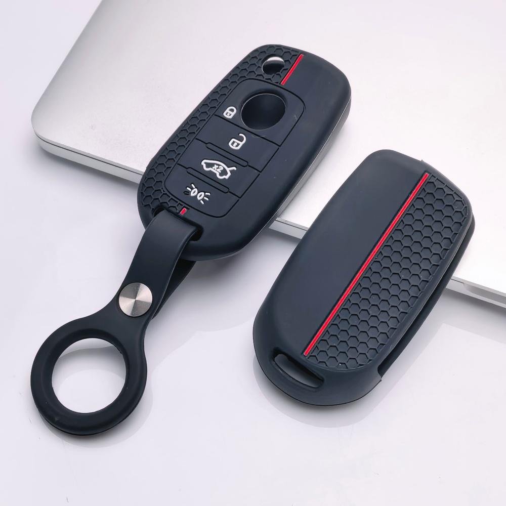 Silicone Key Fob Cover with keychain for 4-button Flip Remote, Anti-Scratch & Anti-Drop Protective Case for Jeep Renegade Compass for Fiat 500X Toro