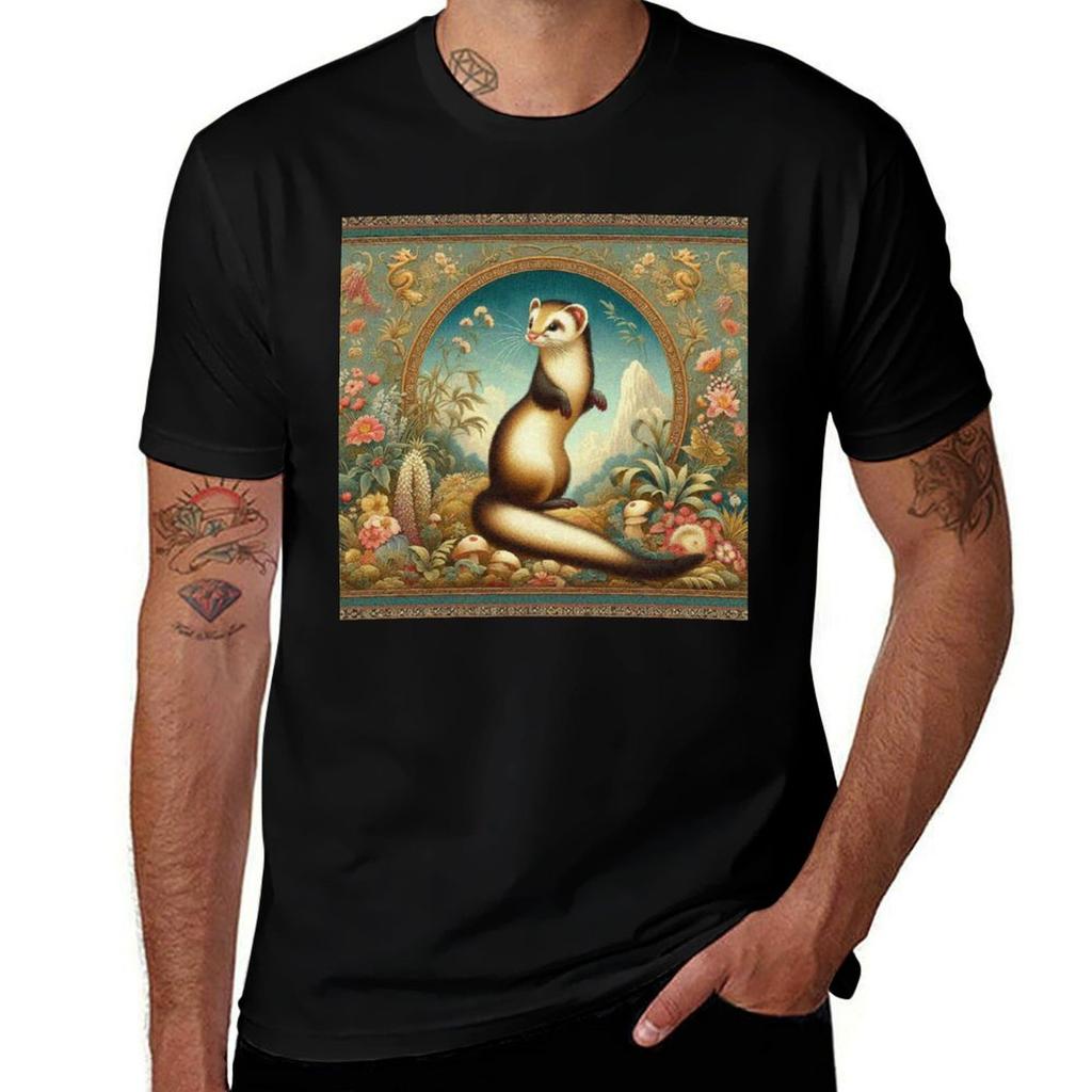 Cute Weasel In Floral Garden Tshirt Work Duty Casual Tshirt