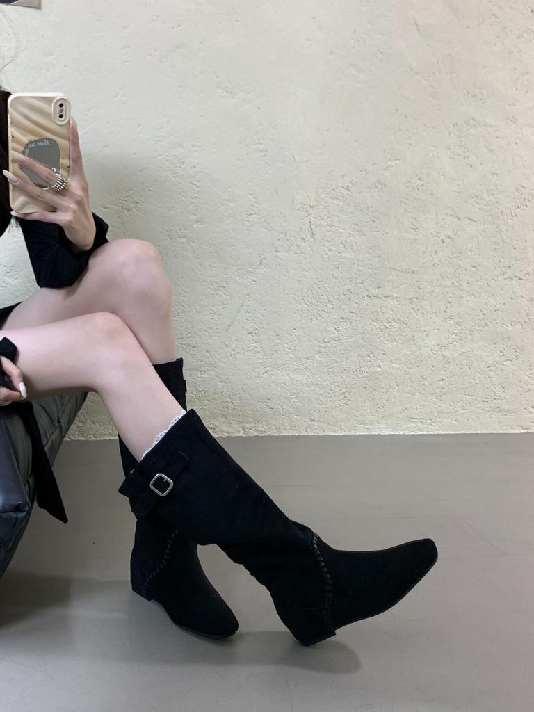 Pile High Knight Boots Women's 2025 Autumn New Retro Western Cowboy Boots Thick Heel But Knee Thin Long Boots