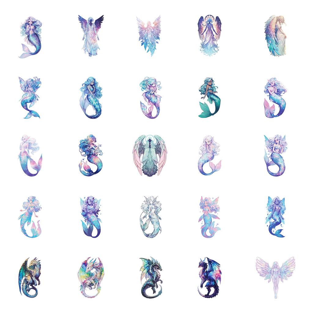 50PCS Mermaid Angel Holographic Stickers, Fantasy Graffiti Decals for Water Bottle, Luggage & Decoration