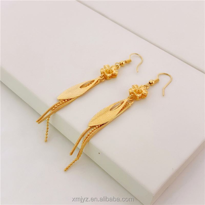Vietnam Sand Gold Flower Earrings Ins Jewelry Plated 18K Gold Women'S Korean Version Long Leaf Tassel Earrings