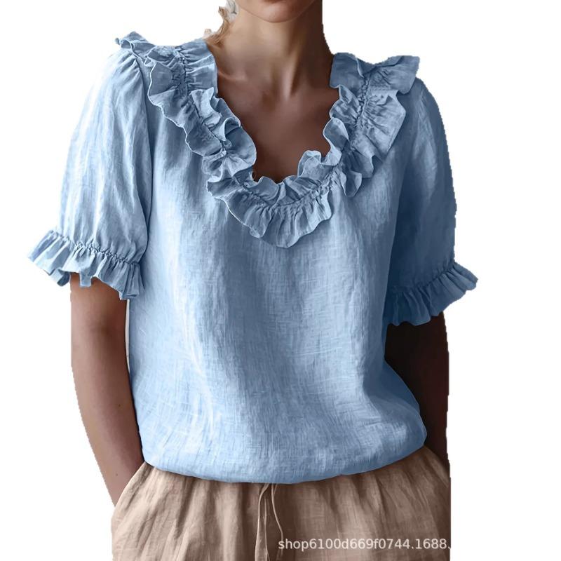 Women's Summer Solid Color Short Sleeve Shirt, Vintage Pullover Blouse