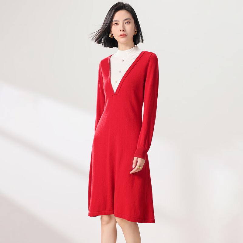 Sanpowa 100% Merino Wool Half-High Collar A-Line Dress