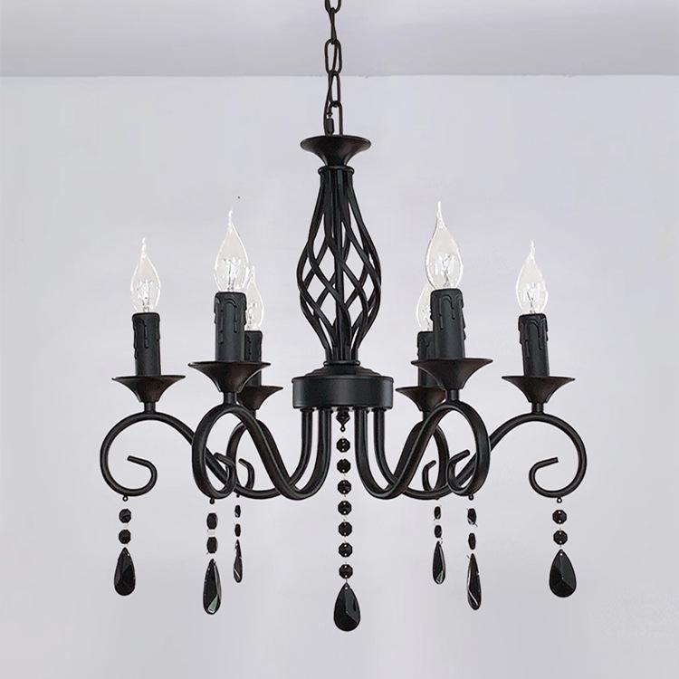 French Retro Black Wrought Iron Crystal Chandelier for Living Room, Dining Room, or Bedroom