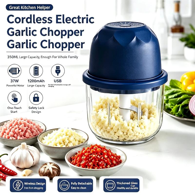 Wireless Electric Garlic Chopper 2 Stainless Steel Blades 250Ml Glass Container For Home Kitchen Mincing Garlic Veggies Spices