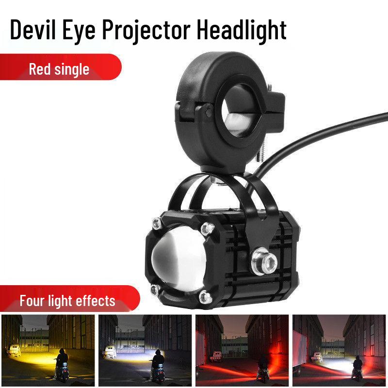 High-Intensity LED Motorcycle Spotlight with Four-Color Devil Eye and Strobe for Electric Vehicles - Adjustable High/Low Beam