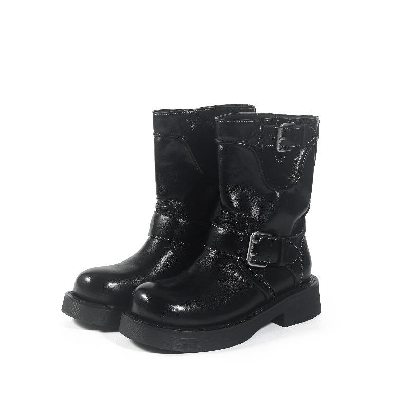 Leather boots short boots women's new round head thick heel color matching locomotive boots belt buckle knight boots