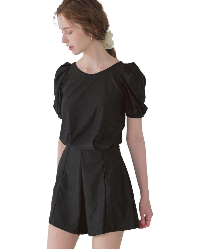 Seedless DFXM0595 Women's Back-Open Puff Sleeve All-in-One Swimsuit, Black, Size Small