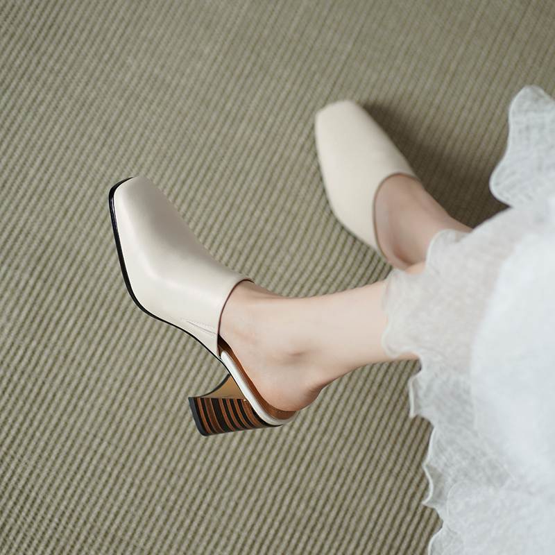Krazing Pot Mules Cow Skin Basic Clothing Spring Summer Size 43 Size 42 Sandals Women Thick Heels Women Square Toe Slip On Pumps