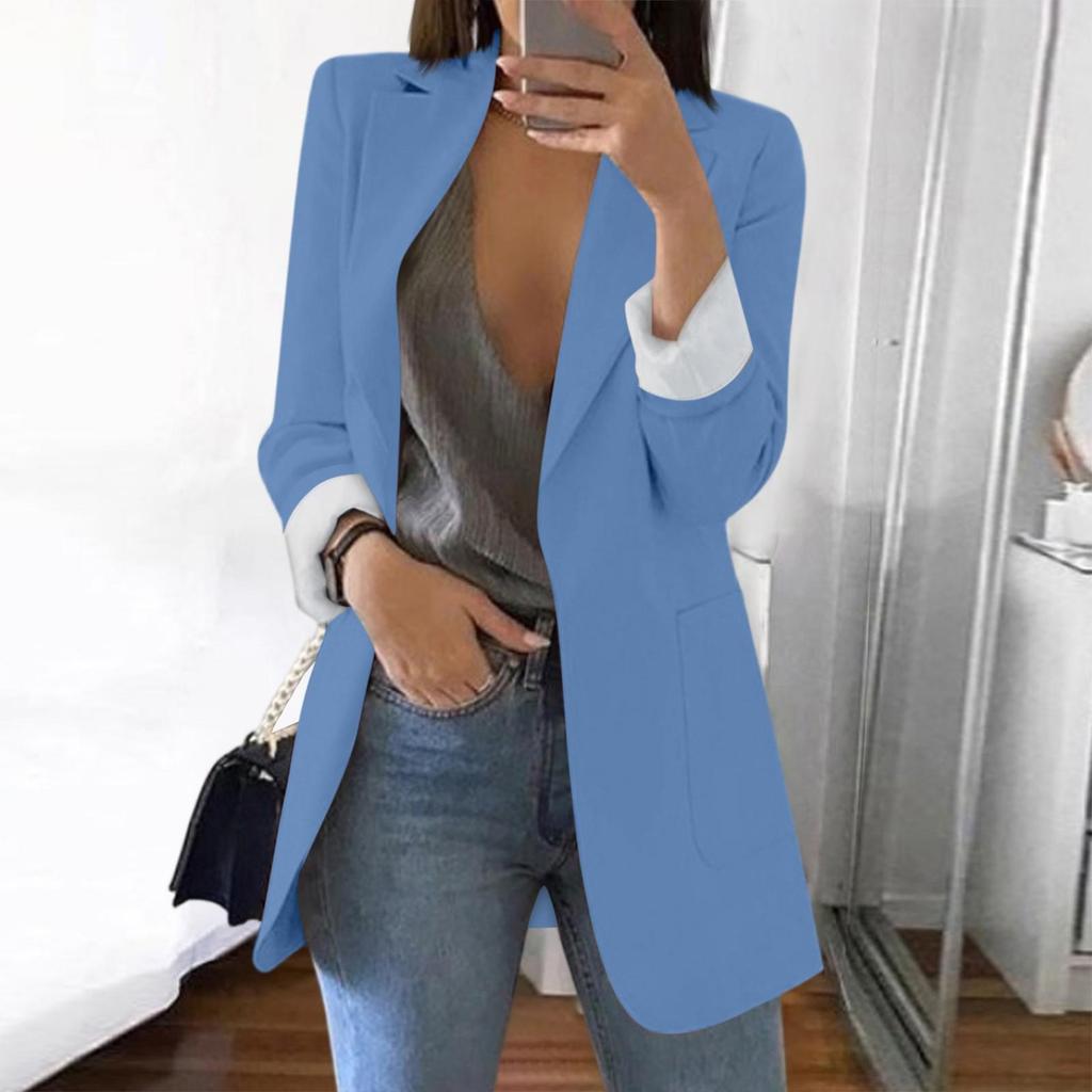 Women Solid Open Front Pockets Cardigan Formal Suit Long Sleeve Blouse Coat
