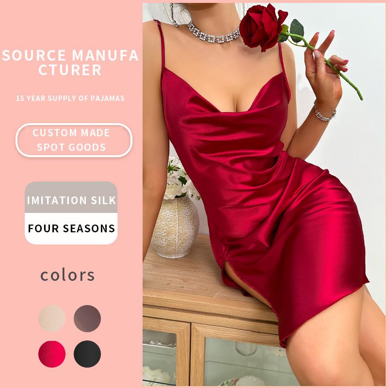 Spring Women's Lace-up Camisole Pajama Set with Summer Sexy Ice Silk Bathrobe