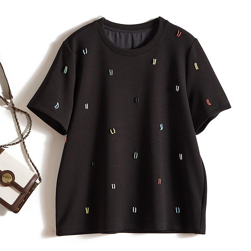 

2025 Han Dongdaemun New Design Sewing Color Beaded round Neck Cotton Short-Sleeved T-shirt Young Adult New Summer Tops Black L