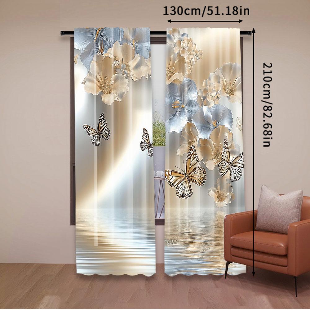 2Pcs Floral Curtain Nature Theme Wild Flowers Monarch Flying Butterflies Lily On Lake Therapy Spa Suitable For Living Room And