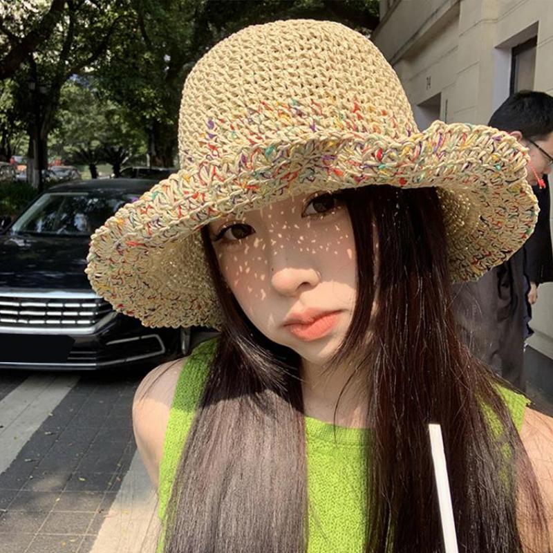 1Pcs Handwoven Rainbow Straw Hats Women Korean Summer Breathable Fisherman Caps Wide Brim Girl Beach Cap