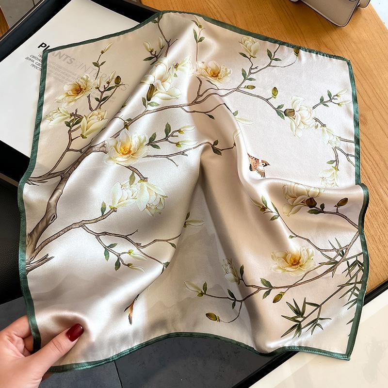 

68Cm Peach Blossom Pattern Scarf Women S Spring And Summer Thin Imitation Silk Scarf Fresh And Versatile Headscarf Shawl Scarfs