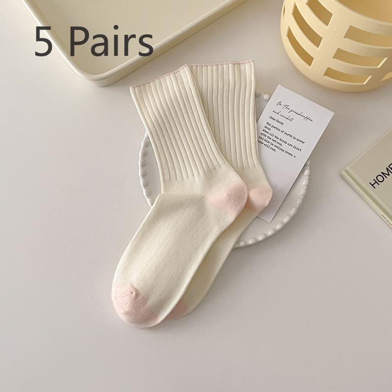 5 Paar Damen Frühling und Herbst Einfache Kontrastfarbene Baumwoll-Kniestrümpfe