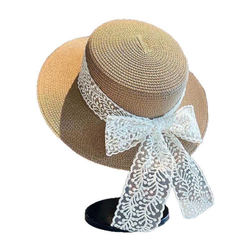Summer women's lace bow streamer straw hat outdoor travel sun protection flat top hat fashion sunshade top hat