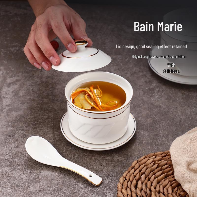 Keramik-Schmortopf mit Deckel, goldrandig, für den gewerblichen Gebrauch: Ideal für Vogelnestersuppe, gedämpfte Desserts und Eier.