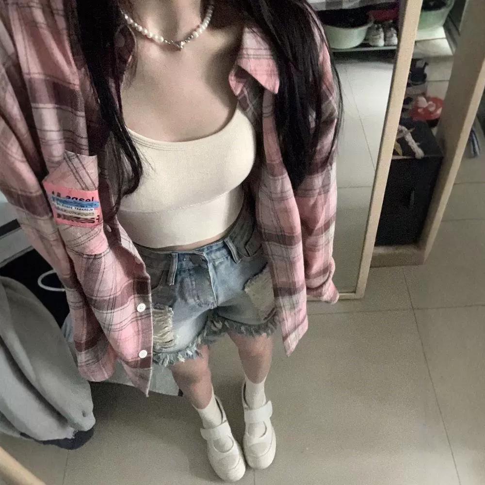 

Retro Pink Plaid Patchwork Long-Sleeve Shirt Jacket - Japanese & Korean Style (2025) M